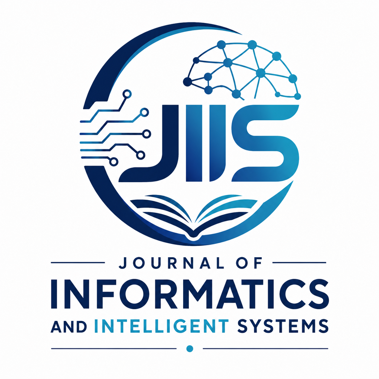Logo Journal of Informatics and Intelligent Systems (JIIS) yang menampilkan akronim "JIIS" dengan elemen sirkuit elektronik, jaringan kecerdasan buatan, dan buku terbuka sebagai simbol inovasi, penelitian, dan publikasi ilmiah di bidang informatika dan sistem cerdas.